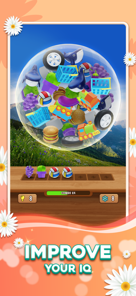 Un juego de puzzles de triple emparejamiento 3D con objetos coloridos en una burbuja y un fondo de paisaje escénico.