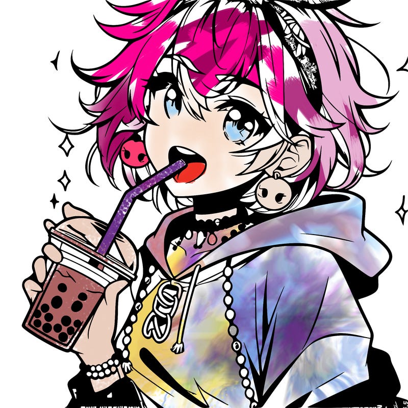 hot baddie anime girl drinking boba and biting the straw
