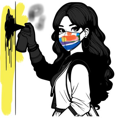 realistic girl with mask spray painting a wall
