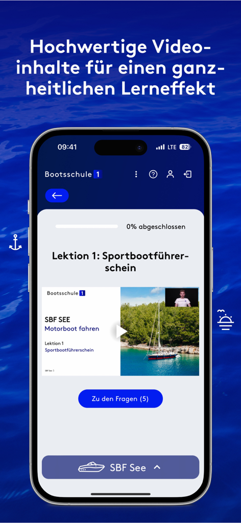 Bootsschule1 - Bootsschule1 mobile app interface showing a video lesson for the SBF See boating license.