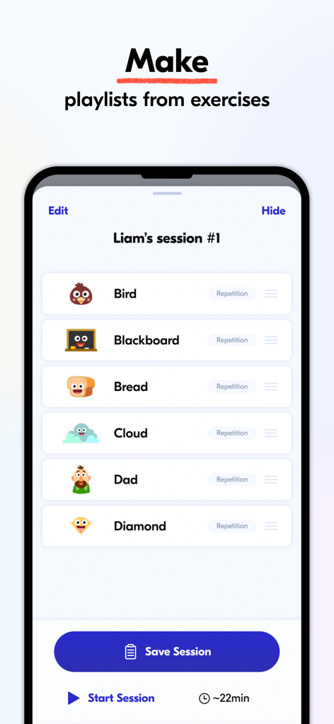 Benutzerdefinierter Sitzungsplaner in der Speech Blubs Pro App, der eine Sprachtherapie-Playlist für einen Schüler anzeigt.