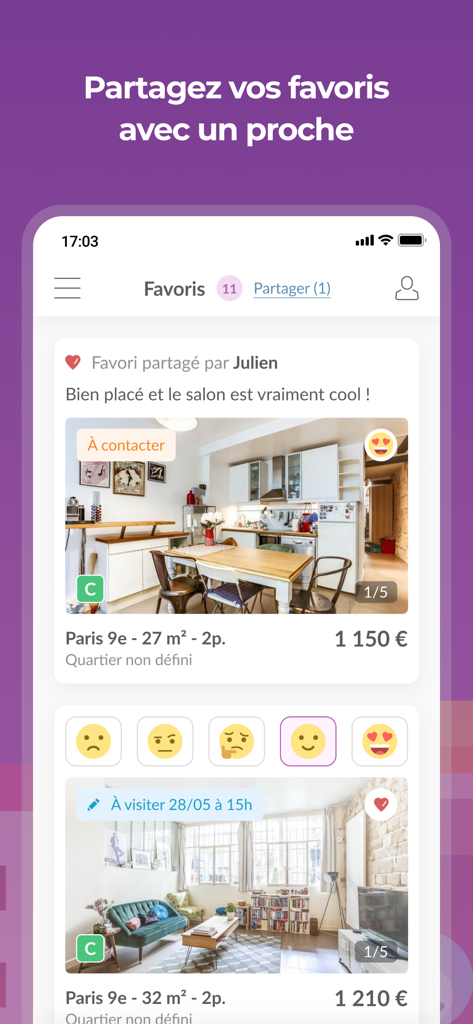 Jinka app screen showing shared property favorites and collaborative reaction emojis for house hunting.