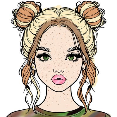 realistic girl with two buns in hair and lips