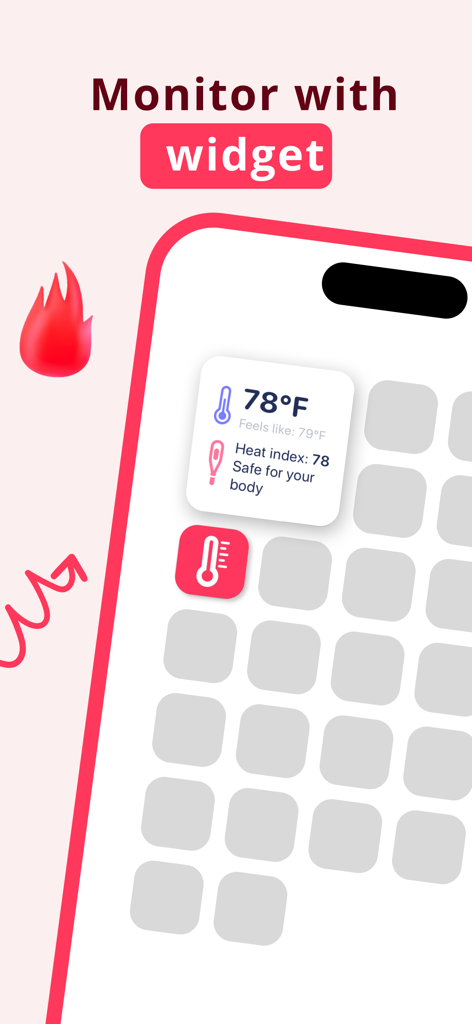 Pantalla de inicio de iPhone que muestra un widget de la aplicación de termómetro con datos de temperatura corporal e índice de calor.