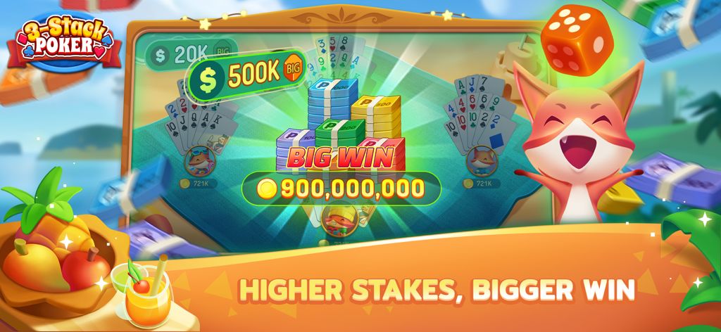 3-Stack Poker ZingPlay Spielbildschirm, der einen großen Gewinn von 900 Millionen Münzen und ein feierndes Maskottchen zeigt