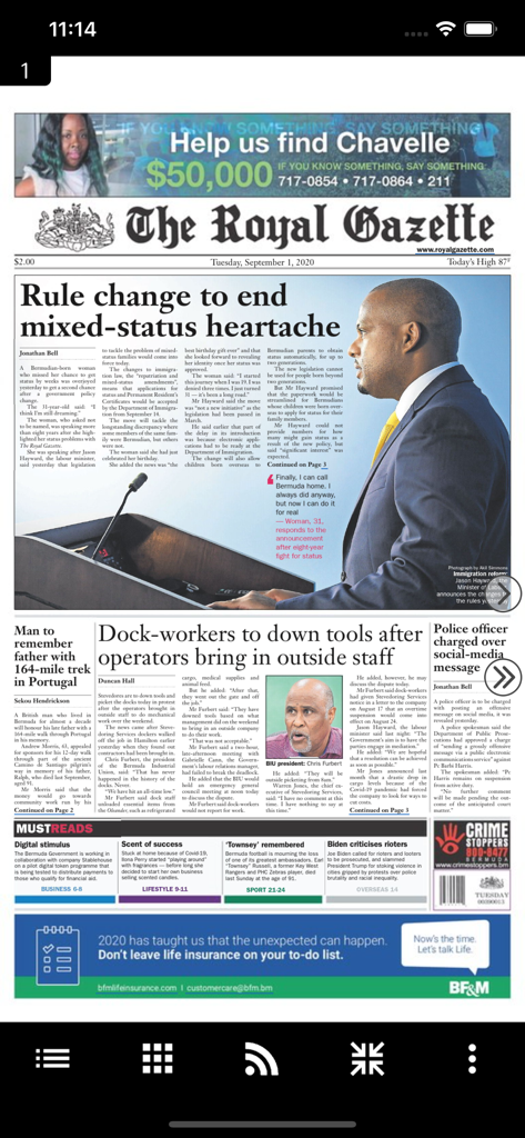 Royal Gazette eEdition - Digital newspaper interface of the Royal Gazette eEdition app on a smartphone
