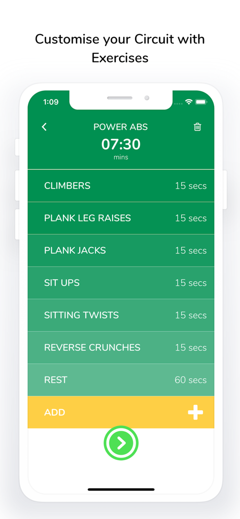 Pro Timer - Interfaz de la aplicación Pro Timer para personalizar circuitos de entrenamiento con ejercicios y duraciones específicas.
