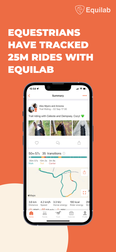 Equilab app ride summary showing GPS map and horse gait analysis.