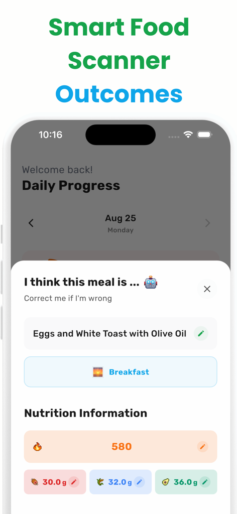 A screenshot of the Kalee app showing AI food scanner results for a breakfast meal including calories and macros