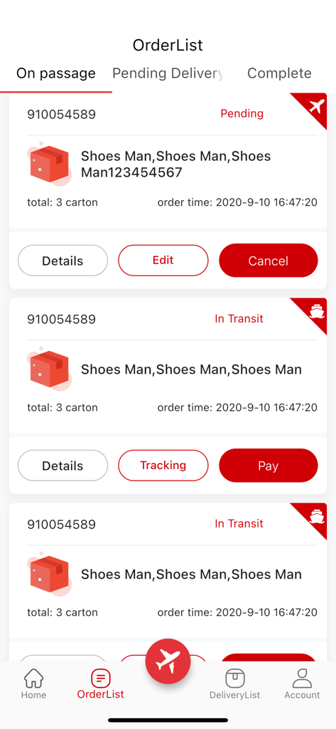 Bestelllisten-Bildschirm der Skycargoltd-App mit Sendungsverfolgung und Zahlungsoptionen.