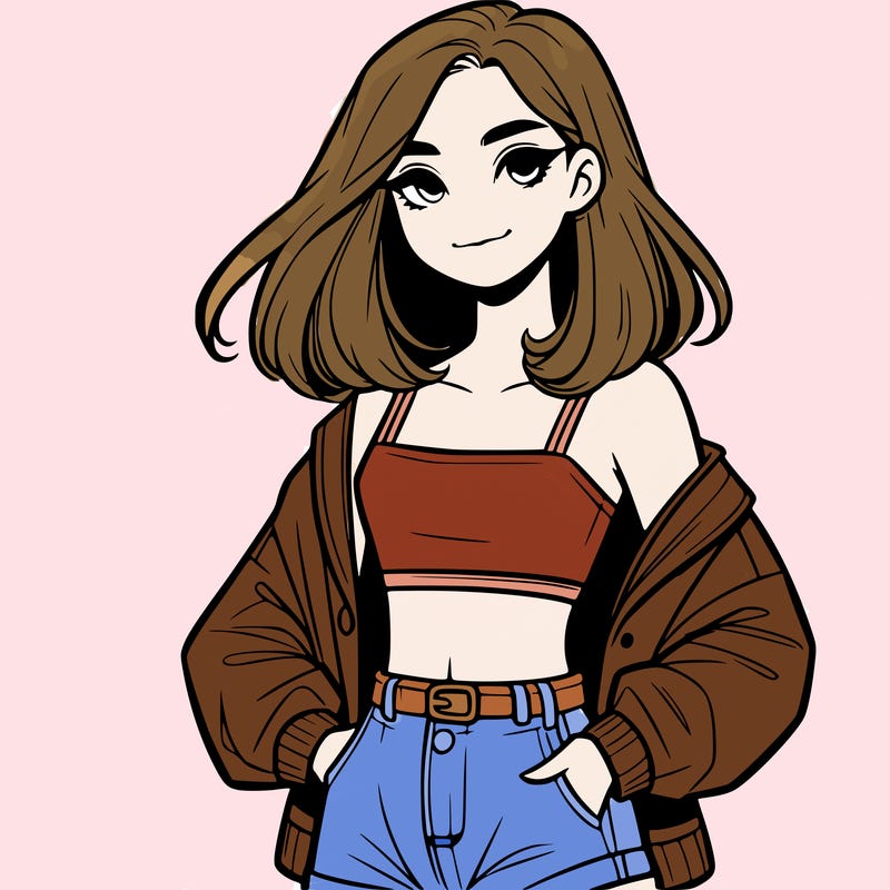 a realistic girl with a crop top and short shorts in an open jacket