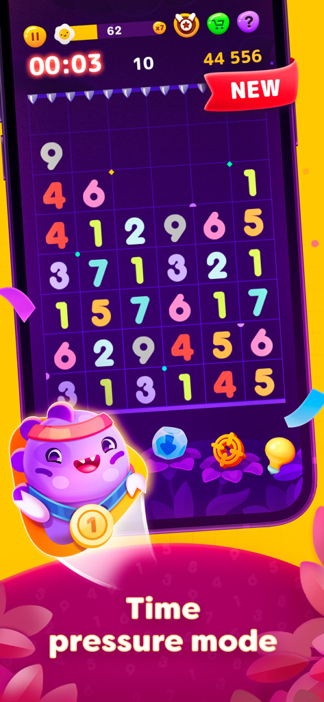 Numberzilla: Number Match Game - Numberzillaゲーム画面。カラフルな数字タイルと紫色のモンスターマスコットが表示されたタイムプレッシャーモードが表示されています。