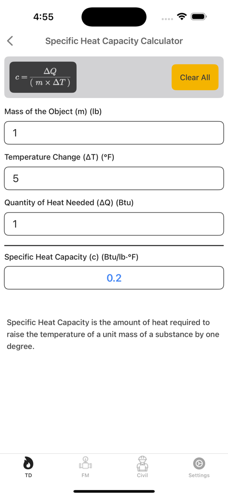 Specific heat capacity calculator interface showing mass temperature change and heat quantity inputs