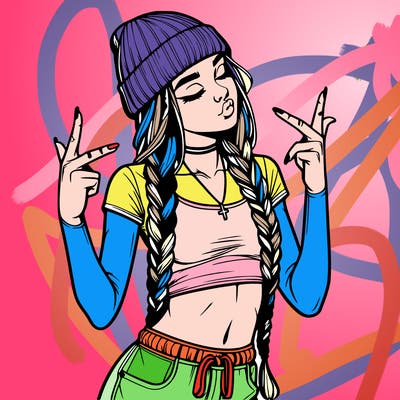 realistic teenage girl with braids and a beanie and crop top doing 🫶🏼