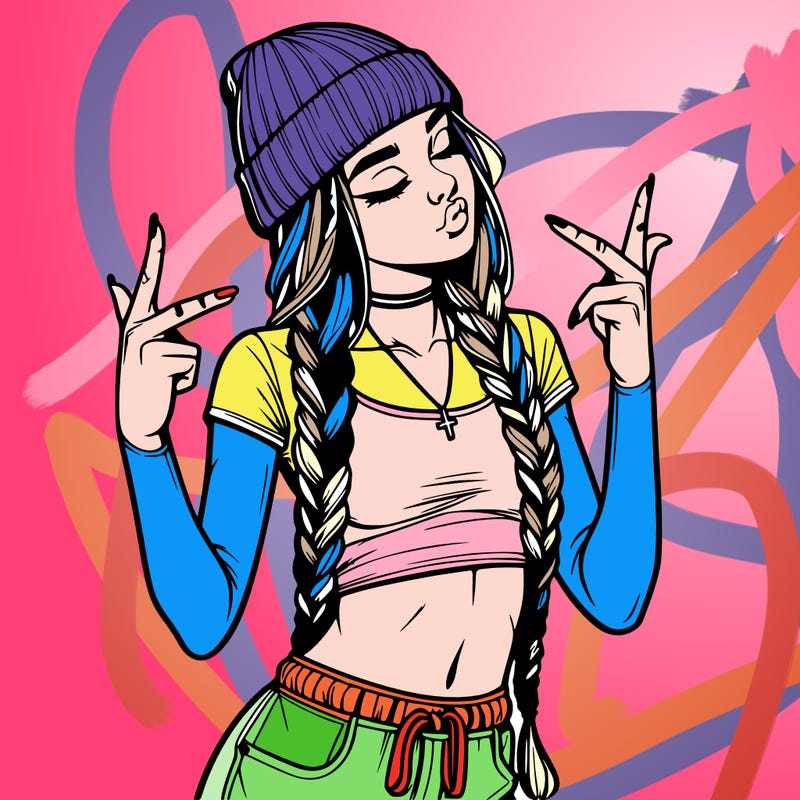 realistic teenage girl with braids and a beanie and crop top doing 🫶🏼
