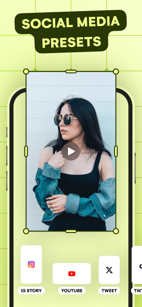Resize Video - Interface of Resize Video app showing social media presets for Instagram Story and YouTube.
