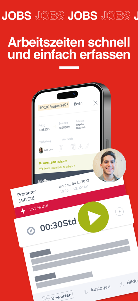 SPORTFIVE Eventjobs - SPORTFIVE Eventjobs app interface for tracking work hours and event job details