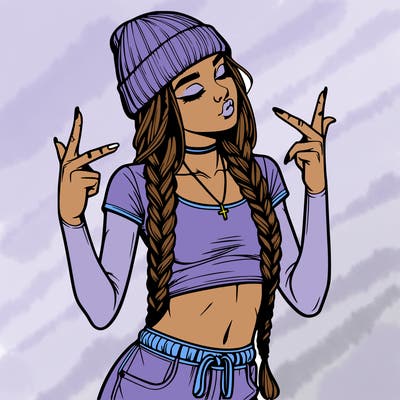 realistic teenage girl with braids and a beanie and crop top doing 🫶🏼