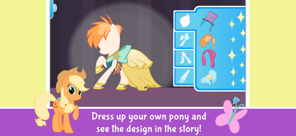 Actividad interactiva de disfraces de moda con un poni personalizable en la aplicación My Little Pony Rarity Chic.