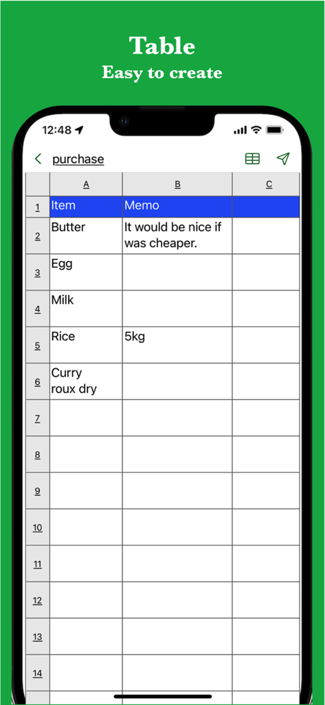 # Simple Table - Note as table - Mobile app interface showing a grocery purchase list organized in a simple table format with items and notes