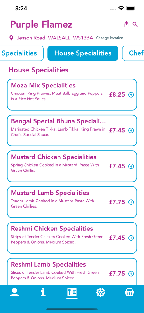 Purple Flamez app menu showing house specialities including chicken and lamb dishes with prices