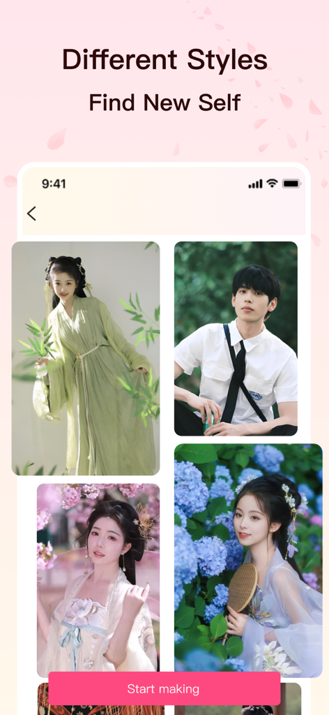 FaceArt -AI Photo & Video Edit - FaceArt app interface displaying various AI photo styles including traditional ancient clothing filters and modern looks