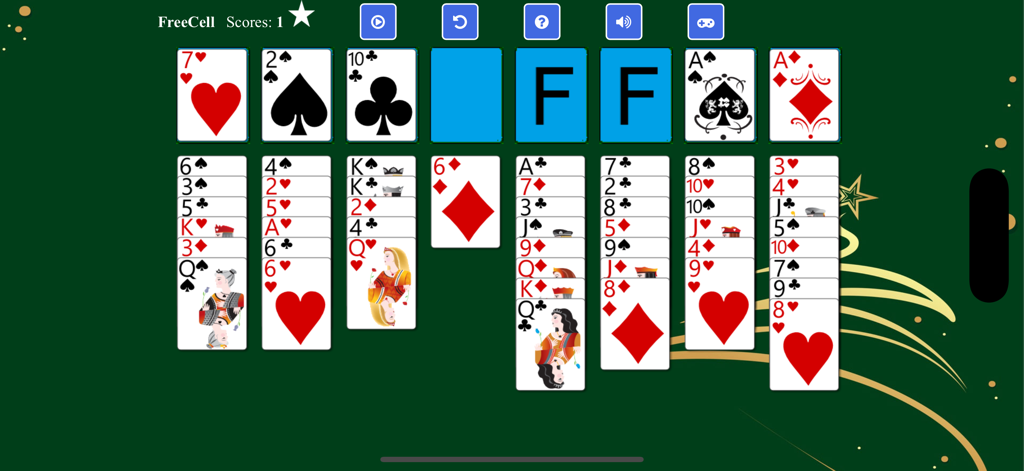 FreeCell Solitaire - - Gameplay interface of FreeCell Solitaire with cards arranged on a classic green background.