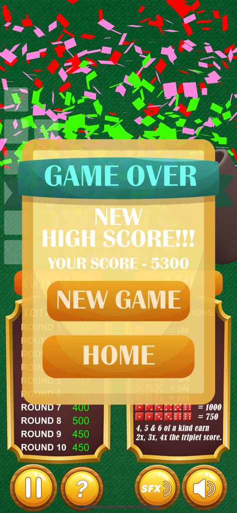 Farkle Pro - Dice Game - Farkle Pro Game Over-Bildschirm mit neuem Highscore von 5300 und festlichem Konfetti.