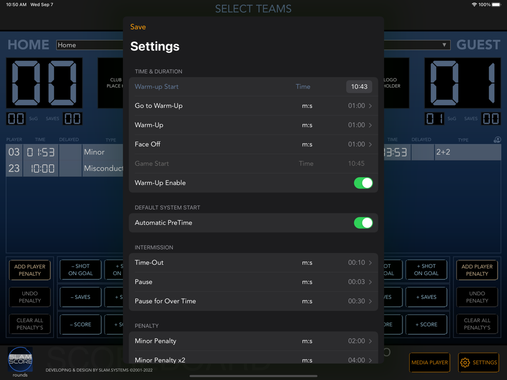 ICE HOCKEY PRO - SCOREBOARD - Settings menu of the Ice Hockey Pro Scoreboard app on an iPad showing game and penalty time configurations