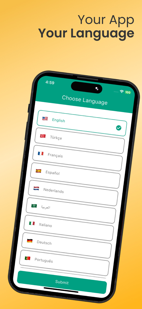 DeliWare - Food Delivery - Language selection screen in the DeliWare food delivery app showing multiple language options including English and Spanish