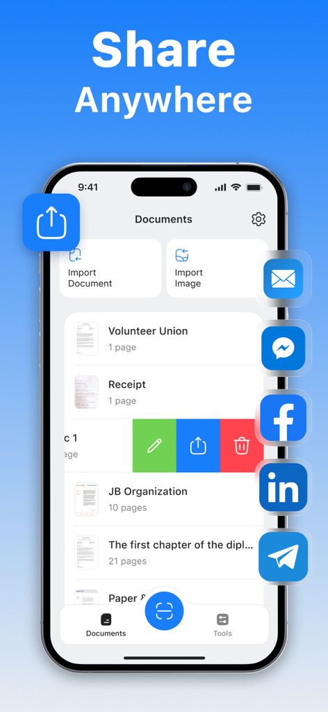 モバイルPDFドキュメントスキャナーアプリのインターフェースにスキャンされたファイルリストとソーシャルメディアやメールへの複数の共有オプションが表示されている。