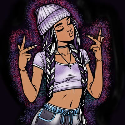 realistic teenage girl with braids and a beanie and crop top doing 🫶🏼