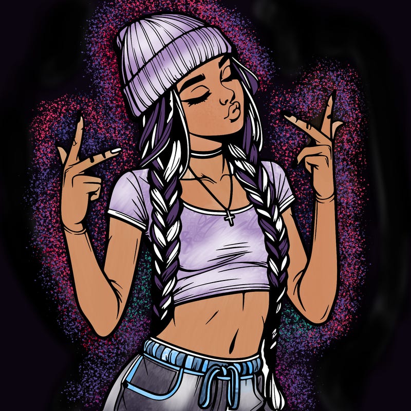 realistic teenage girl with braids and a beanie and crop top doing 🫶🏼