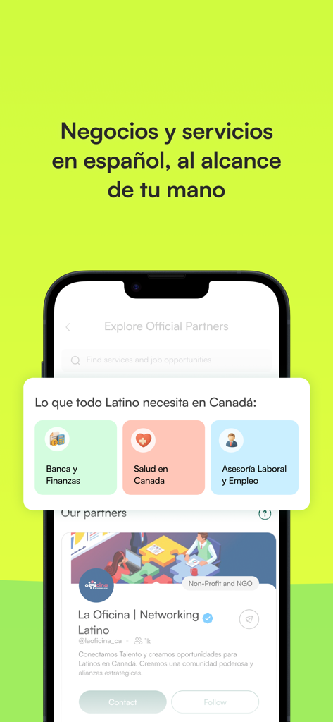 himigo - Himigo app interface showing Spanish-language services for health, finance, and employment for Latinos in Canada.