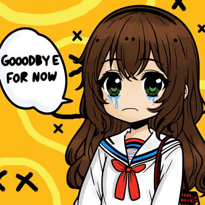 an anime girl sad saying "goodbye for now"