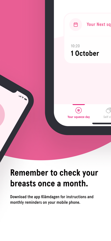 Squeeze Day - Squeeze Day app promotion showing a monthly reminder to check breasts on a mobile device
