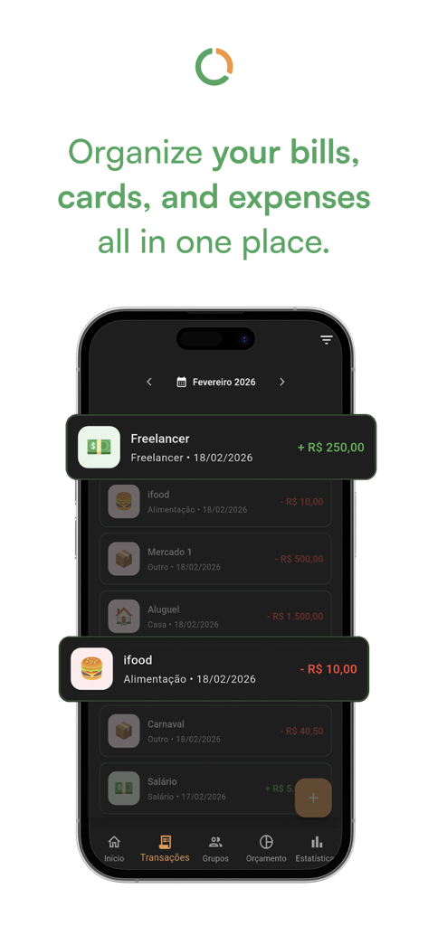 Duo Fin - Budget Planner - Pantalla de la aplicación móvil Duo Fin mostrando una lista de transacciones de ingresos y gastos categorizados en modo oscuro.