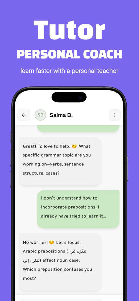 Yallah Speak - Talk Arabic AI - 문법과 전치사에 대한 채팅 대화를 보여주는 Yallah Speak 앱 인터페이스