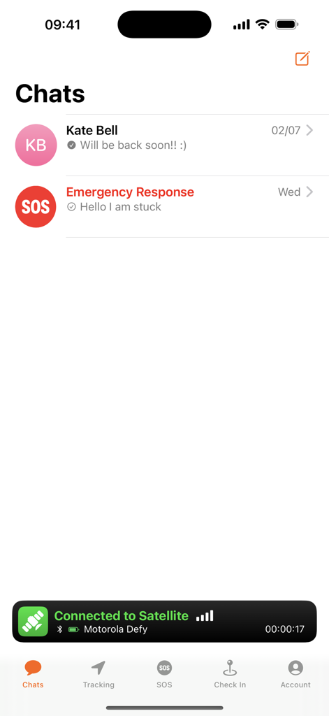 Bullitt Satellite Messenger - Bullitt Satellite Messenger app chats interface with satellite connectivity status