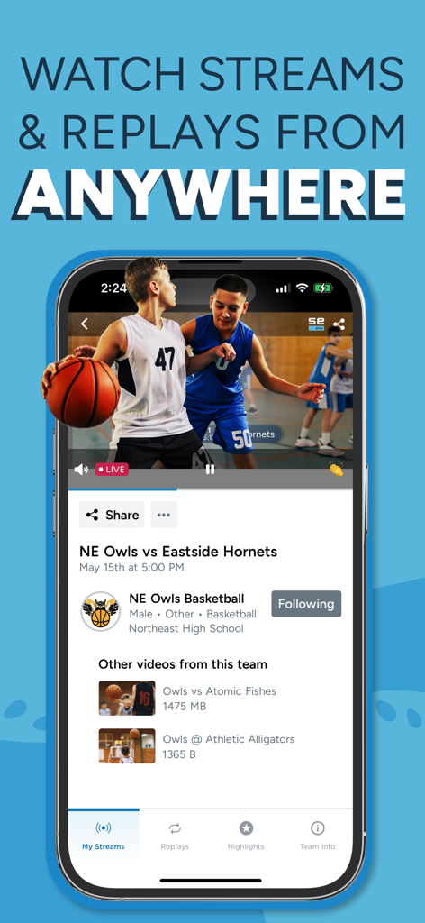 SportsEngine Play - Interface de l'application SportsEngine Play montrant un flux de match de basket-ball de jeunesse en direct avec les statistiques d'équipe et des options de moments forts