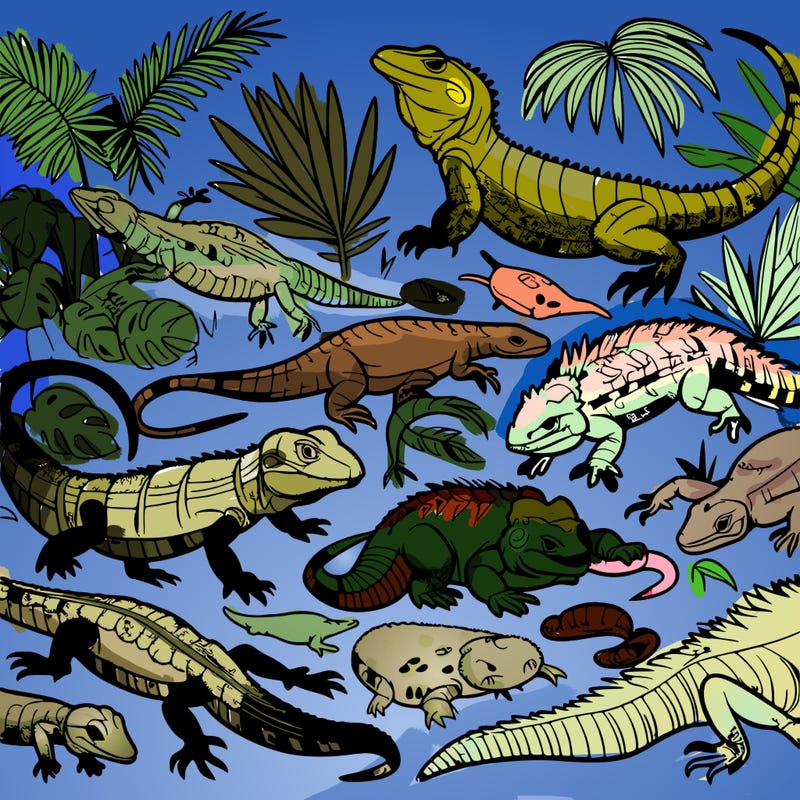 a bunch of different species of reptiles in the rainforest scattered about