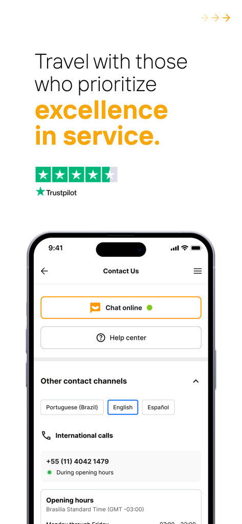 Trustpilot 등급과 함께 온라인 채팅 도움말 센터 및 국제 전화 옵션을 보여주는 Rentcars 앱 문의 화면
