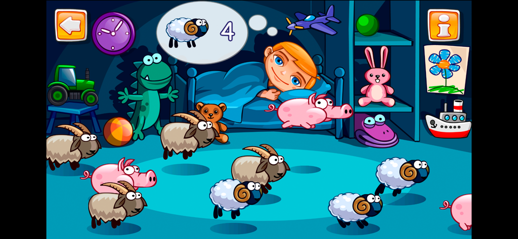 Jack in his bedroom counting jumping sheep and farm animals in an educational game for kids