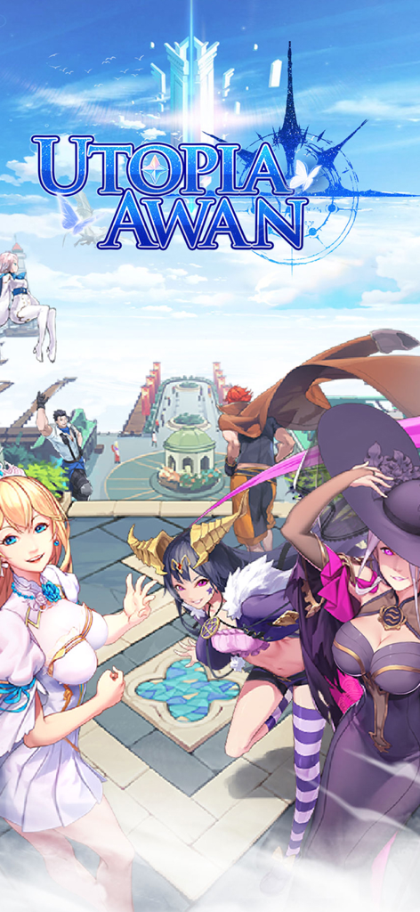 Group of vibrant anime characters in front of a floating city in Utopia Awan