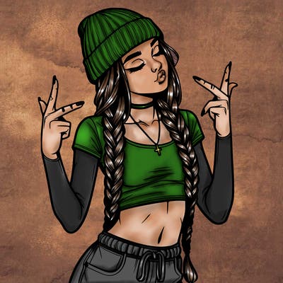 realistic teenage girl with braids and a beanie and crop top doing 🫶🏼