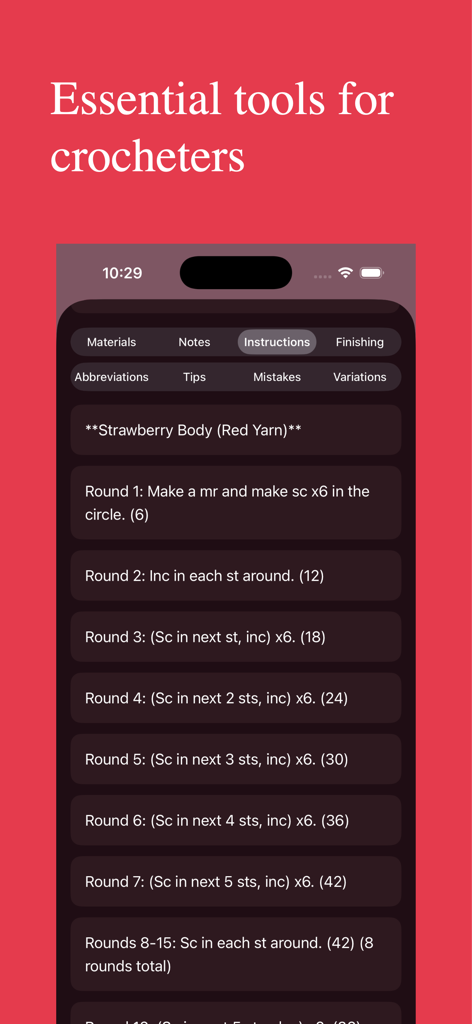 Crochet AI - Mobile app interface showing step by step crochet instructions for a strawberry project