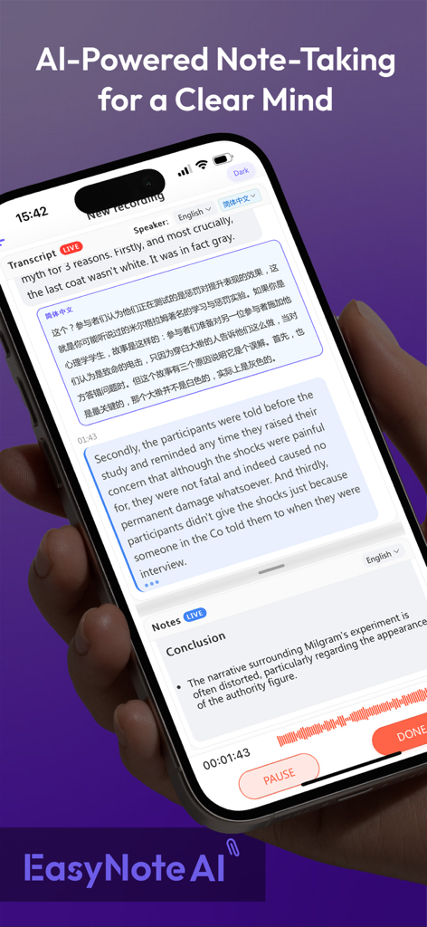 EasyNoteAI-AI Note Taker - Interfaz del smartphone EasyNoteAI mostrando transcripción de audio en vivo y notas de estudio generadas por IA