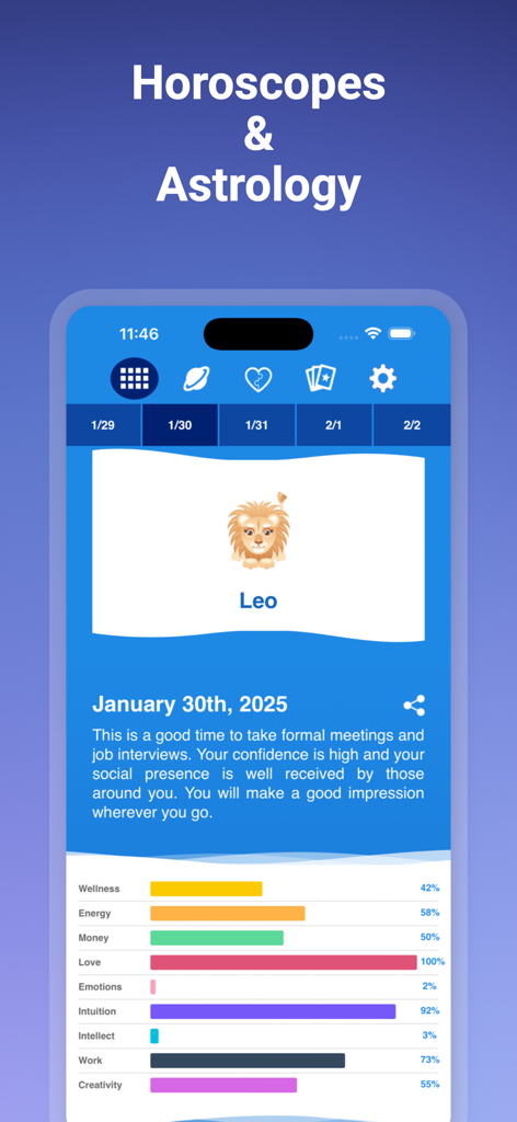 Horoscopes - Daily Leo horoscope and personal energy metrics dashboard in the Horoscopes app