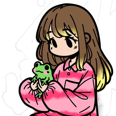 girl with long hair and a oversized shirt. and she is holding a frog