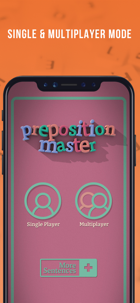 Preposition Master app home screen displaying buttons for single player and multiplayer modes